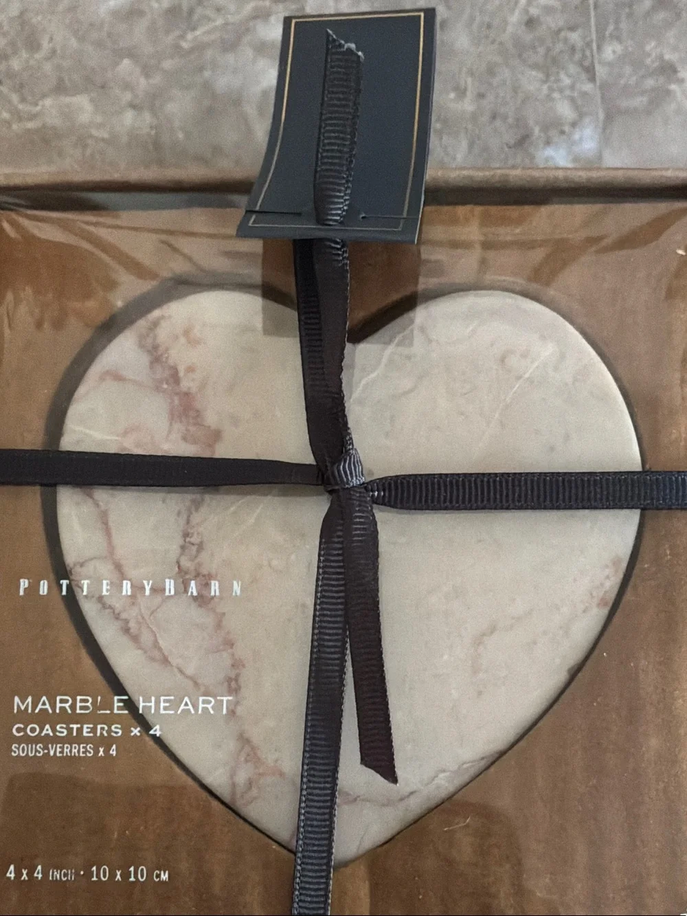 Pottery Barn Marble Heart Coaster Set - White with Pink Veining